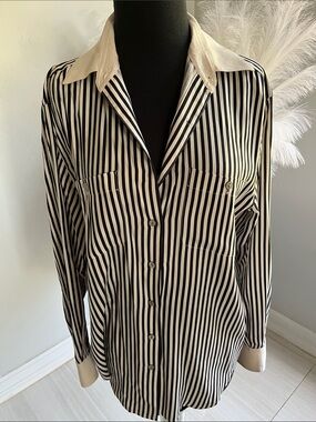 Valerie Stevens Black and Cream Vertical Stripe Button-Down Shirt